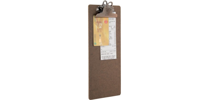 Securit Bill Presenter Clipboard, brown with stainless steel clip, 27.8 x 11.4 cm