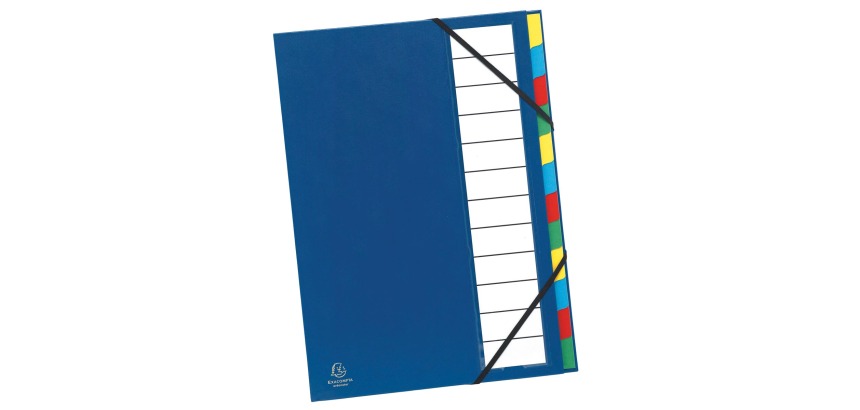 Multipart file with expandable spine and stiff cover, 12 compartments