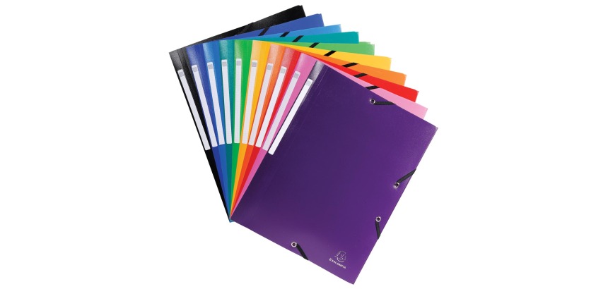 Exacompta chemise à rabats et élastiques, 10 couleurs assorties: noir, bleu foncé, bleu clair, turquoise.