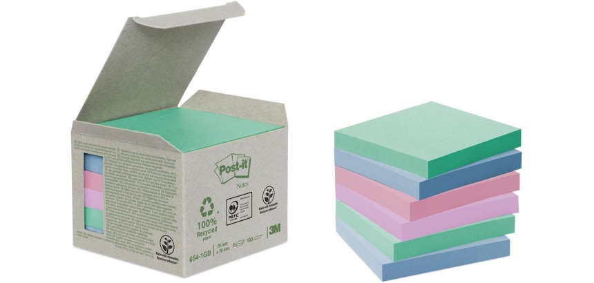 Post-it recycled notes, 100 vel, ft 76 x 76 mm, pak van 6 blokken, geassorteerde kleuren