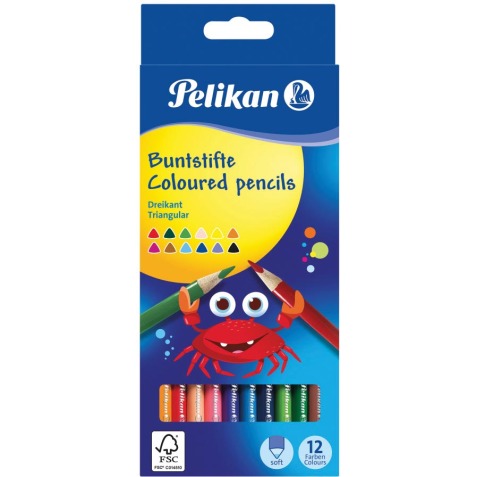 Pelikan crayon de couleur triangulair, étui de 12 pièces en couleurs assorties