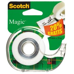 Scotch ruban adhésif Magic Tape, ft 19 mm x 25 m, blister met dispenser en 1 rolletje, 20 procent gratis