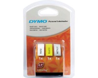Dymo LetraTAG ruban 12 mm, set 3 ruban: 1 x papier blanc, 1 x plastique jaune et 1 x metallic argent