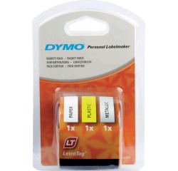 Dymo LetraTAG ruban 12 mm, set 3 ruban: 1 x papier blanc, 1 x plastique jaune et 1 x metallic argent