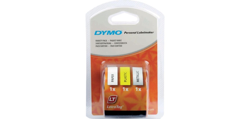 Dymo LetraTAG tape 12 mm, set of 3 tapes: 1 x white paper, 1 x yellow plastic, and 1 x metallic silver