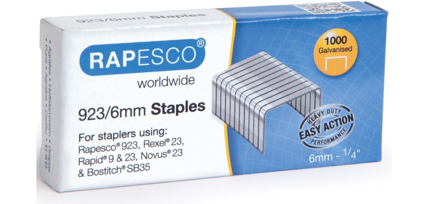 Rapesco galvanized staples 923/6 mm (type 23), box of 1000 staples