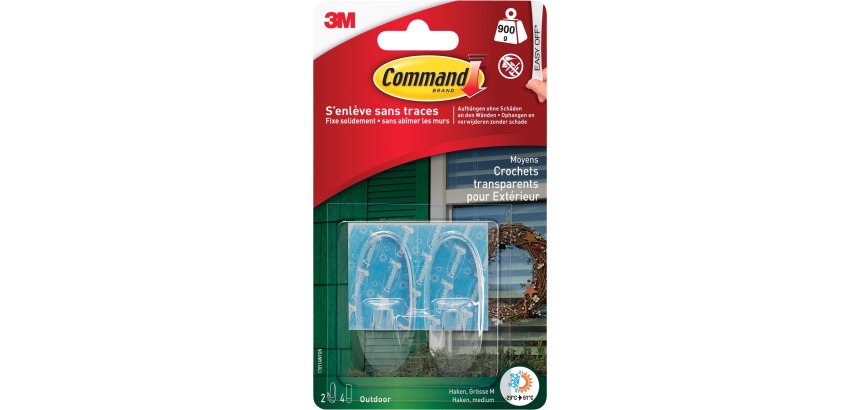 Befestigungshaken für den Außenbereich, mittel, Tragkraft 900 g, transparent, Blisterpackung mit 2 Stück