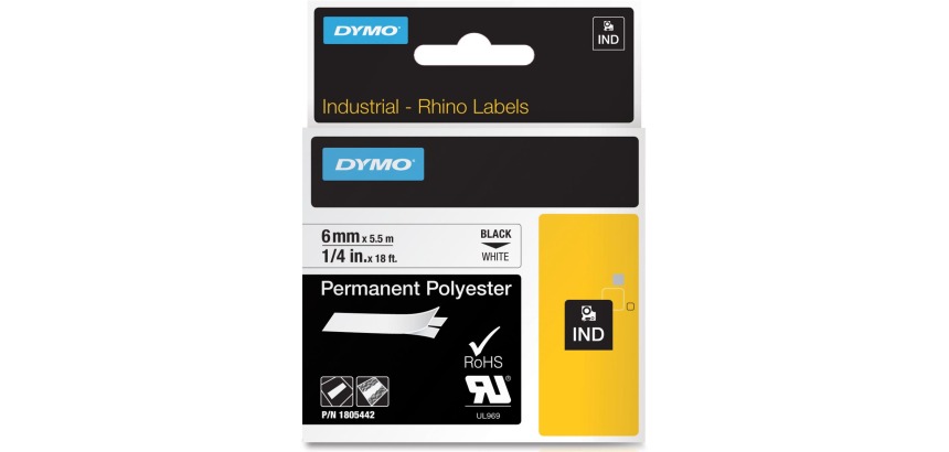 Dymo RHINO permanentes Polyesterband 6 mm, Schwarz auf Weiß