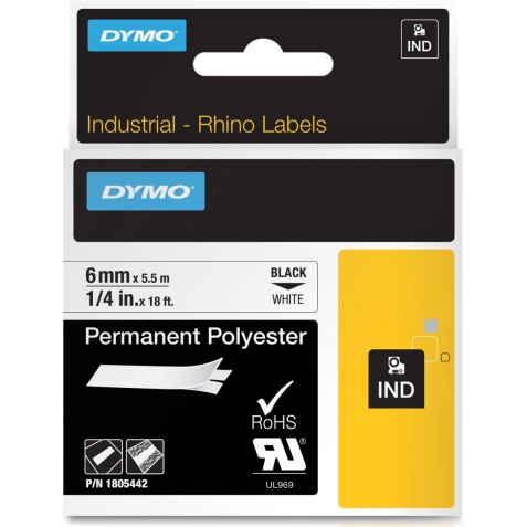 Dymo RHINO ruban permanente polyester 6 mm, noir sur blanc