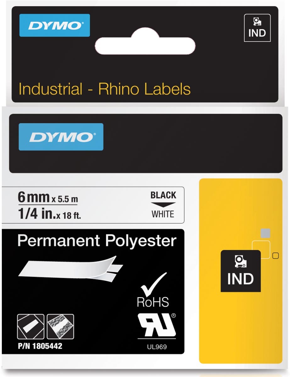 3 Rouleaux étiquettes Polyester Dymo Rhino 12mm - Noir Sur Blanc, IND Permanent, 18483