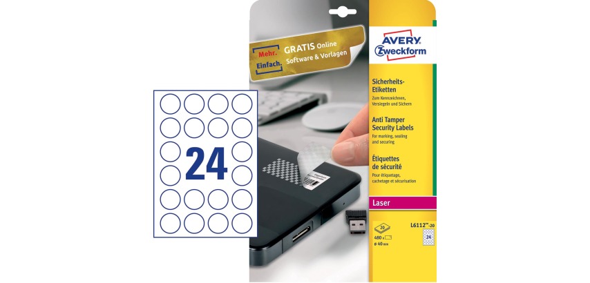 Avery security labels, 40 mm diameter, 480 pieces, 24 per sheet, box of 20 sheets