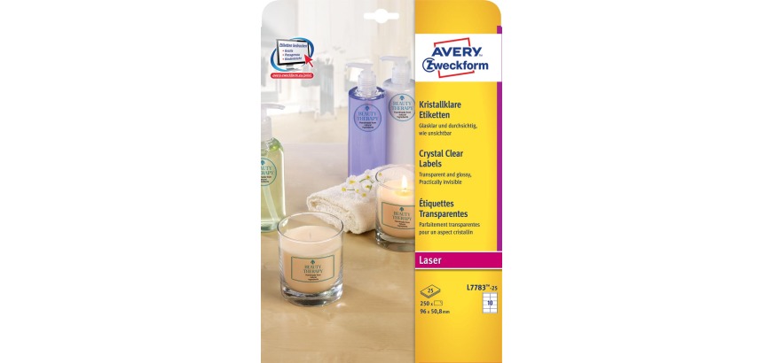 Avery transparante Crystal Clear etiketten ft 96 x 50,8 mm, 250 etiketten, 10 per vel