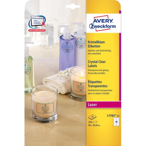 Avery transparante Crystal Clear etiketten ft 96 x 50,8 mm, 250 etiketten, 10 per vel