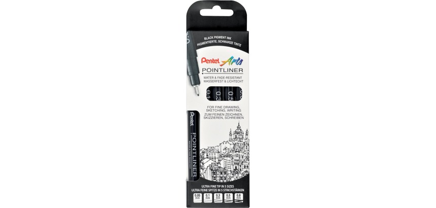 Pentel fineliner Pointliner SP20, zwart, kartonnen etui met 5 stuks met verschillende puntdiktes