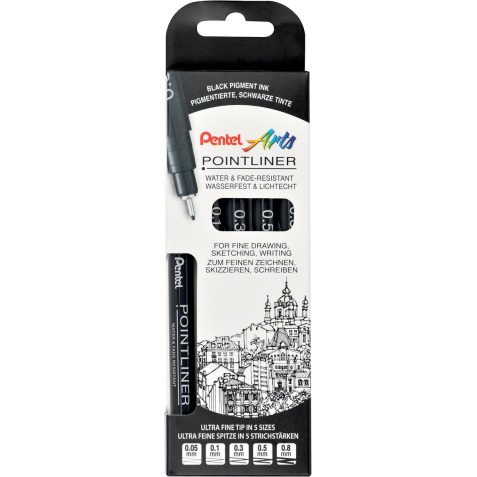 Pentel fineliner Pointliner SP20, zwart, kartonnen etui met 5 stuks met verschillende puntdiktes