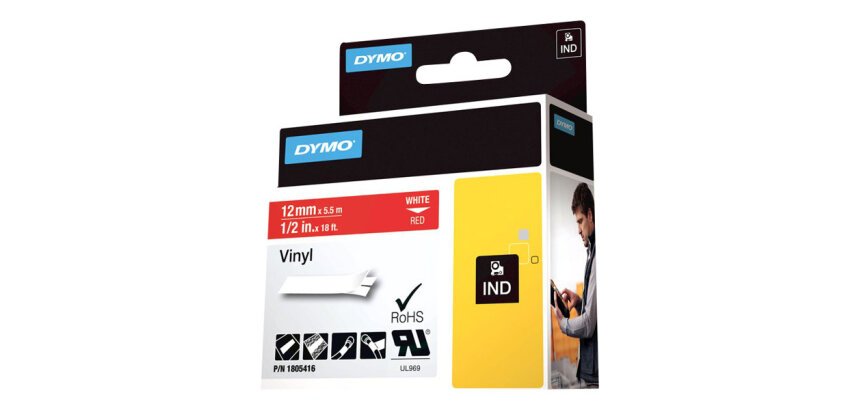 DYMO RHINO Etiquette en vinyle, 12 mm x 5,5 m, blanc/rouge