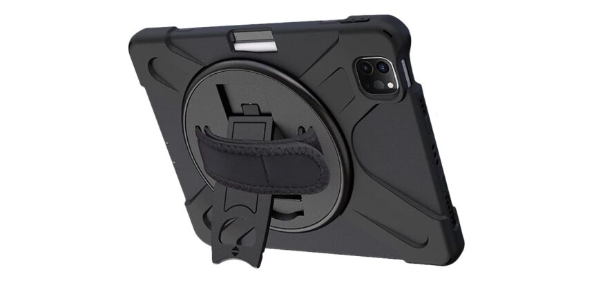 DLH Coque renforcee avec emplacement stylet, bandouliere, poignee rotative et pied support pour Apple iPad Pro 12.9" 5eme génération (2021)