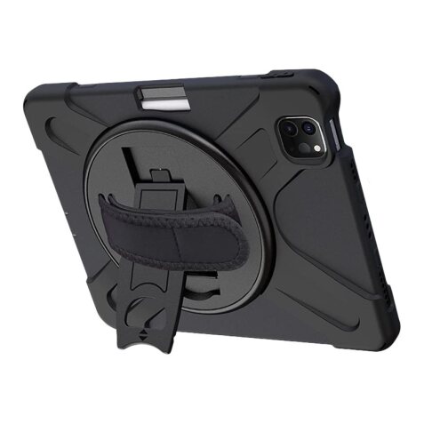 DLH COQUE RENFORCEE AVEC EMPLACEMENT STYLET, BANDOULIERE, POIGNEE ROTATIVE ET PIED SUPPORT POUR APPLE IPAD PRO 12.9" 5eme génération (2021)