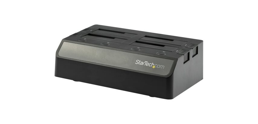 StarTech.com Station d'Accueil pour 4 Disques Durs USB vers SATA, USB 10 Gbit/s, Station d'Accueil Externe pour SSD/HDD 2,5/3,5 pouces, SATA III, Remplacement à Chaud, Chargement par le Haut
