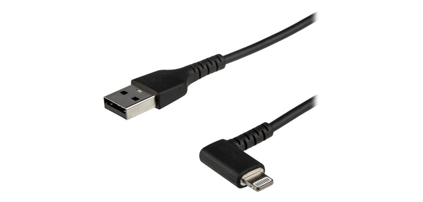 StarTech.com Câble USB-A vers Lightning Noir Robuste 1m Coudé à 90° - Câble de Charge/Synchronisation USB Type A vers Lightning en Fibre Aramide Robuste et Résistante - Certifié Apple MFi - iPhone