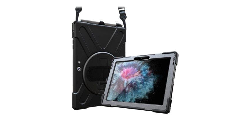 DLH Coque renforcee avec bandouliere, poignee rotative et pied support pour Microsoft Surface Go 2 / Go 3