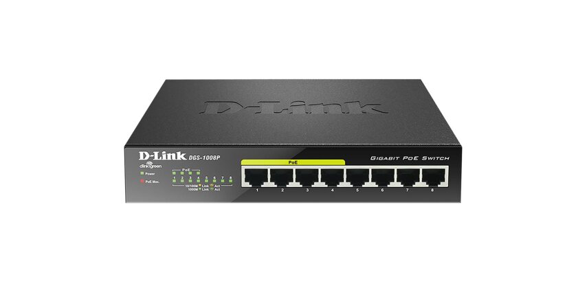 D-Link DGS-1008P/E commutateur réseau Non-géré L2 Gigabit Ethernet (10/100/1000) Connexion Ethernet, supportant l'alimentation via ce port (PoE) Bureau Noir