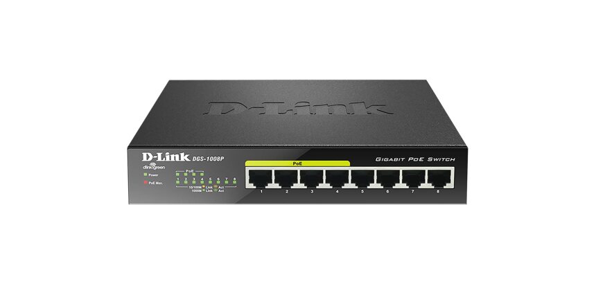 D-Link DGS-1008P/E commutateur réseau Non-géré L2 Gigabit Ethernet (10/100/1000) Connexion Ethernet, supportant l'alimentation via ce port (PoE) Bureau Noir