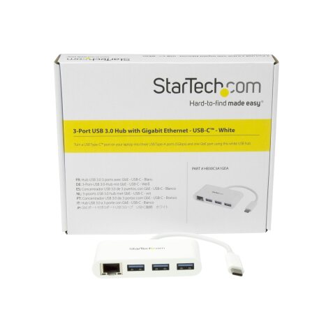 StarTech.com Hub USB-C à 3 ports avec Gigabit Ethernet - USB 3.0 (5Gbps) - USB-C vers 3x USB-A - Blanc