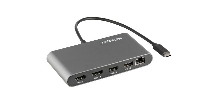StarTech.com Mini-Station d'Accueil Thunderbolt à Deux Écrans, HDMI 4K 60Hz, Hub Sans Pilote pour Windows et Mac, Gigabit Ethernet, 1 port USB-A (USB 5Gbps), Câble de 28cm