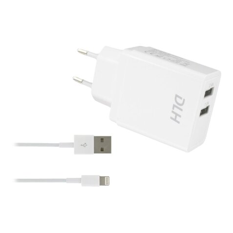 DLH CHARGEUR SECTEUR 2 PORTS USB 12W AVEC CABLE APPLE LIGHTNING POUR IPHONE ET IPAD