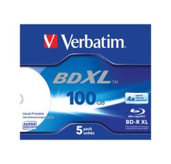 Verbatim BD-R XL 100 Go* 4x Wide Inkjet Printable Boîtier avec lot de 5