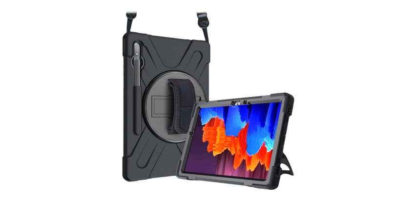 DLH Coque renforcée avec emplacement stylet, bandoulière, poignée rotative et pied support pour SAMSUNG Galaxy Tab S7 FE (SM-T730 / SM-T733 / SM-T735 / SM-T736 / SM-T737) / Galaxy Tab S7+ (SM-T970 / SM-T975 / SM-T976) et Galaxy Tab S8+ (SM-X800 / SM-X806)