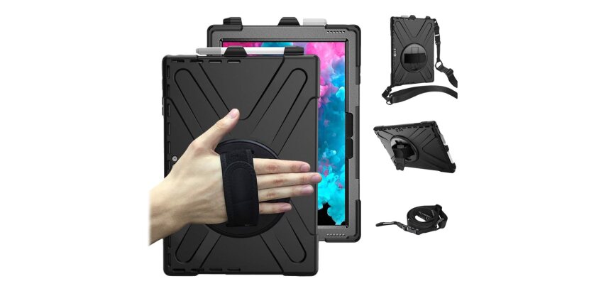 DLH Coque renforcée avec emplacement stylet, bandoulière, poignée rotative et pied support pour SAMSUNG Galaxy Tab Active Pro (SM-T540 / SM-T545 / SM-T547) et Galaxy Tab Active 4 Pro (SM-T630 / SM-T636)