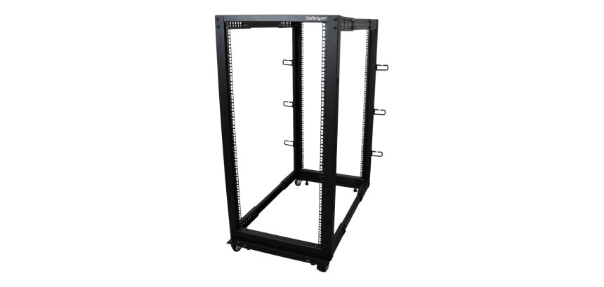 StarTech.com Rack Serveur Mobile 25U 4 Poteaux, Rack Réseau 19" 4 Poteaux avec Roulettes, Rack Roulant avec Profondeur Ajustable pour PC/AV/Données/Informatique - Roulettes, Pieds de nivellement ou Fixation au Sol