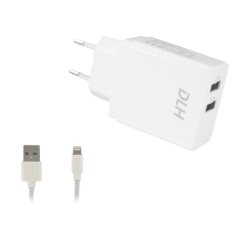 DLH CHARGEUR SECTEUR 2 PORTS USB 12W AVEC CABLE APPLE LIGHTNING MFI POUR IPHONE ET IPAD