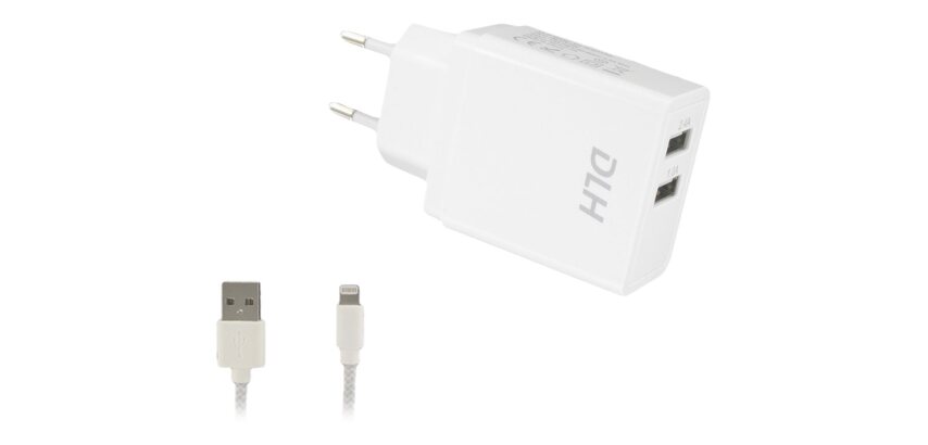 DLH Chargeur secteur 2 ports USB 12W avec cable Apple lightning MFI pour iPhone et iPad
