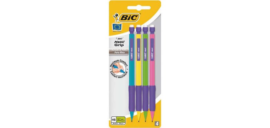 Porte-mine bic matic grip 0,7mm mines hb couleurs assorties blister 4
