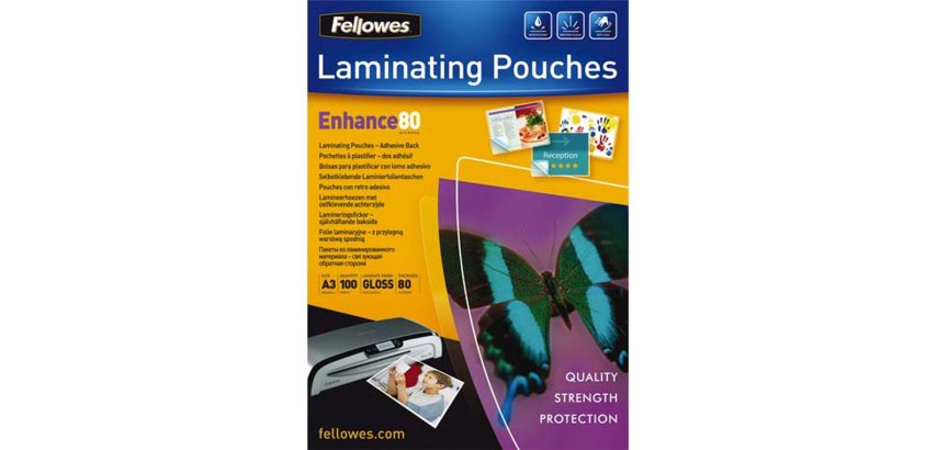 Pochette plastification fellowes finition brillante dos adhésif format a3 80 microns coloris transparent boîte 100u