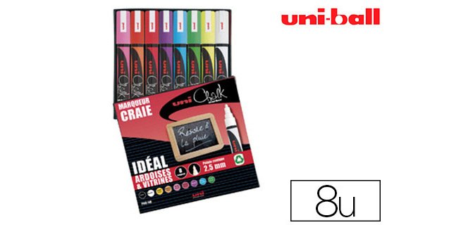 Marqueur uniball craie chalk marker pointe moyenne 2/3mm craie liquide couleur lumineuse pochette 8 unites