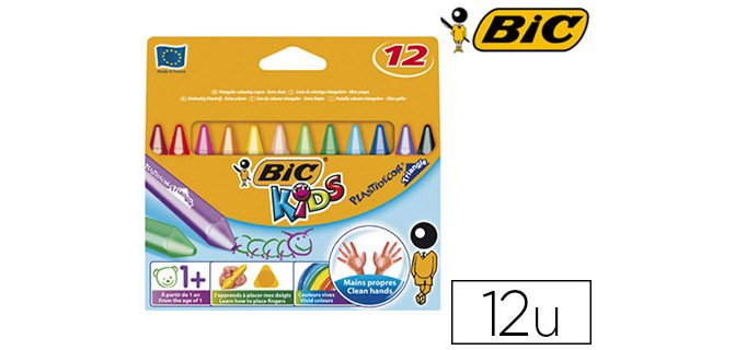 Crayon cire bic kids plastidécor triangle gros 90mm diamètre 12mm résistant non salissant étui carton 12 unités