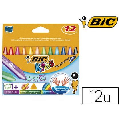 Crayon cire bic kids plastidécor triangle gros 90mm diamètre 12mm résistant non salissant étui carton 12 unités