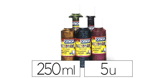 Gouache pailletée oméga paillettes en suspension tous supports séchage rapide coloris assortis lot 5 flacons 250ml