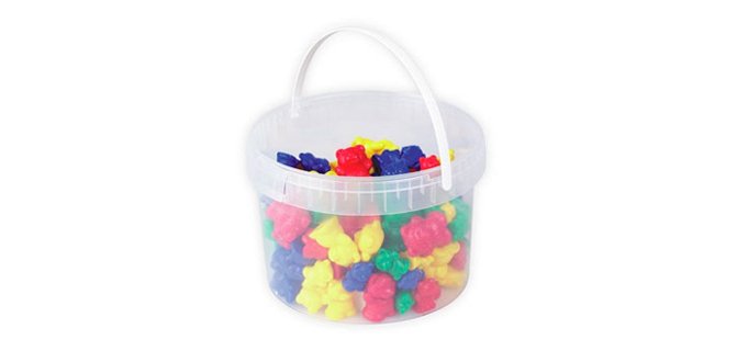 Jeu ourson à trier seau rangement contient 96 oursons 3 tailles 3 poids 4 coloris