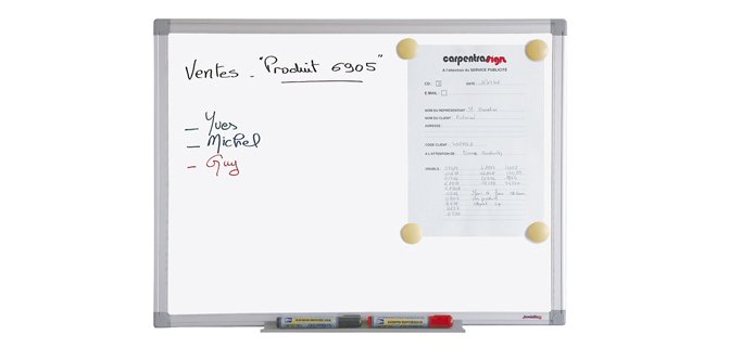 Tableau blanc juvénilia laqué magnétique usage fréquent     auget aluminium gris kit      fixation inclus 45x60cm