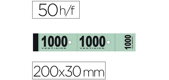 Bloc vestiaire piqué elve 3 coupons perforés détachables numérotés 1/1000 30x200mm 50 feuillets coloris vert