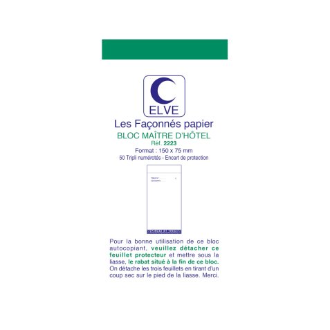 Bloc maître d’hôtel 50 feuillets 50/3 autocopiant Elve - 75x150 mm