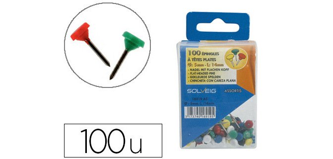 Épingle sign tête plate diamètre 5mm hauteur 14mm coloris asortis boîte distributrice 100 unités