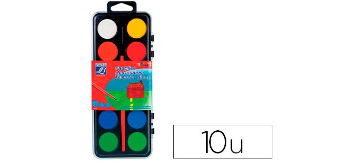 Gouache lefranc bourgeois pastille 28mm diamètre boîte 12 coloris + 1 pinceau