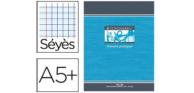 Cahier piqué conquérant sept travaux pratiques couverture offset a5+ 17x22cm 48 pages 70g 24p séyès 24p unies