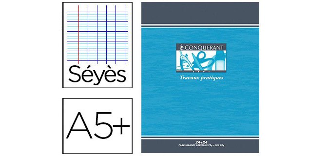 Cahier piqué conquérant sept travaux pratiques couverture offset a5+ 17x22cm 48 pages 70g 24p séyès 24p unies